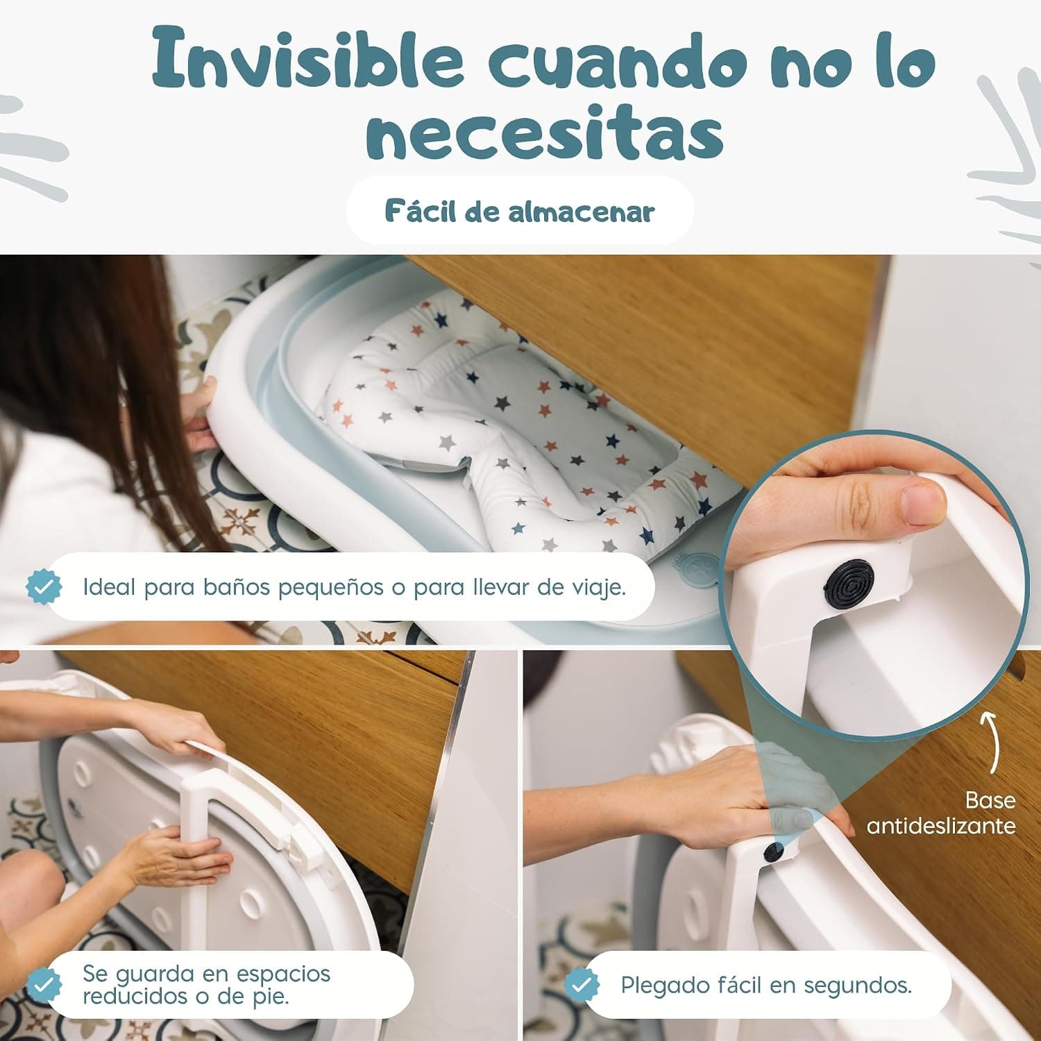 Secuencia de la bañera plegándose y guardada de pie en un mueble