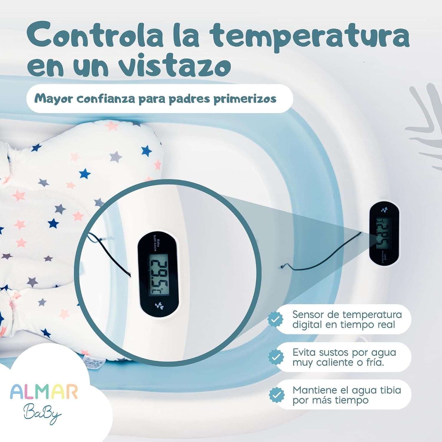 Termómetro digital en el borde de la bañera mostrando la temperatura del agua