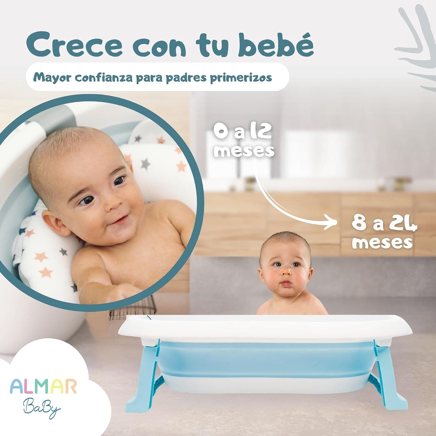 Comparativa de uso: recién nacido con cojín y bebé de un año sentado en la bañera