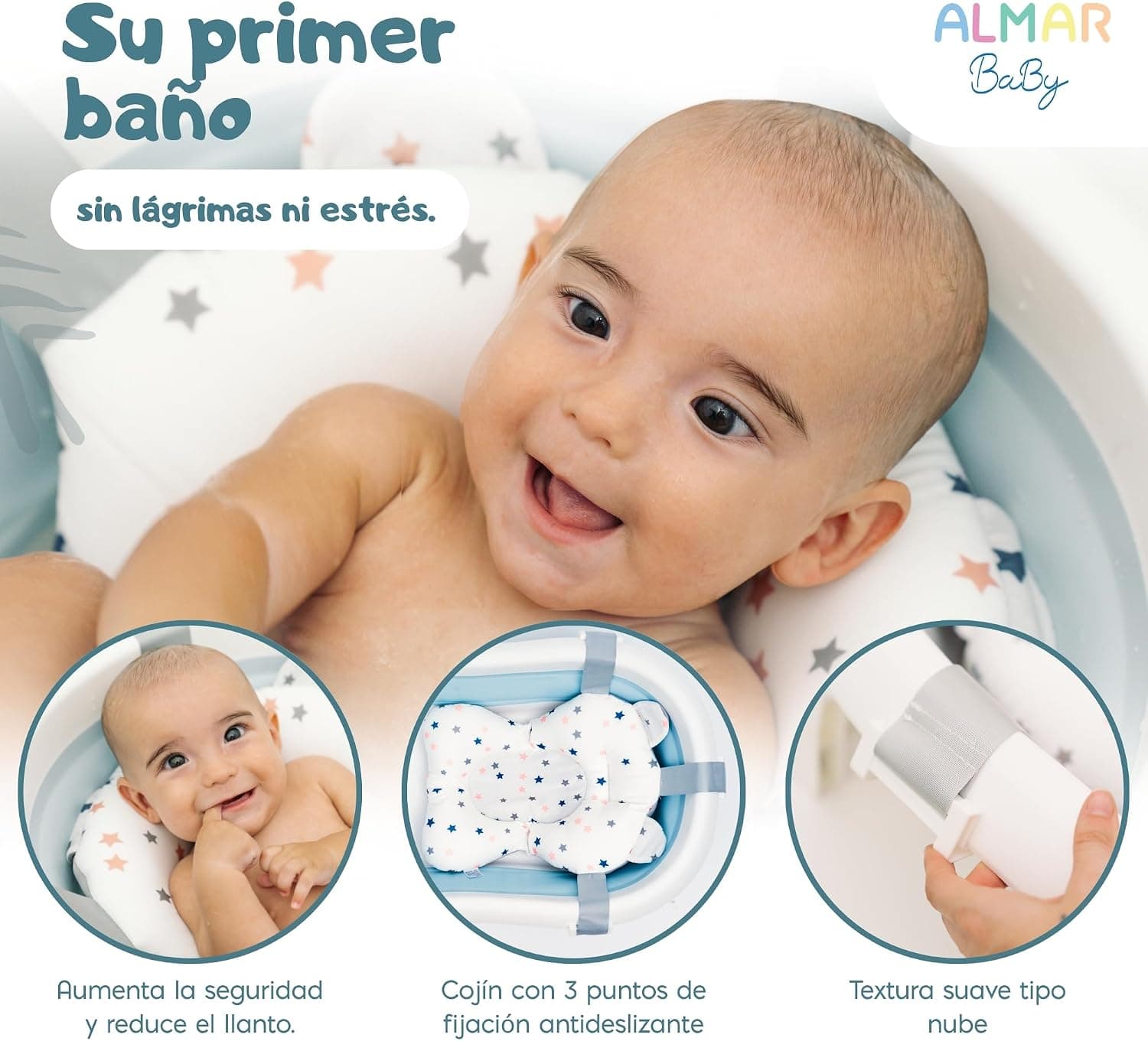 Bebé tranquilo sujeto por el cojín reductor mientras lo bañan